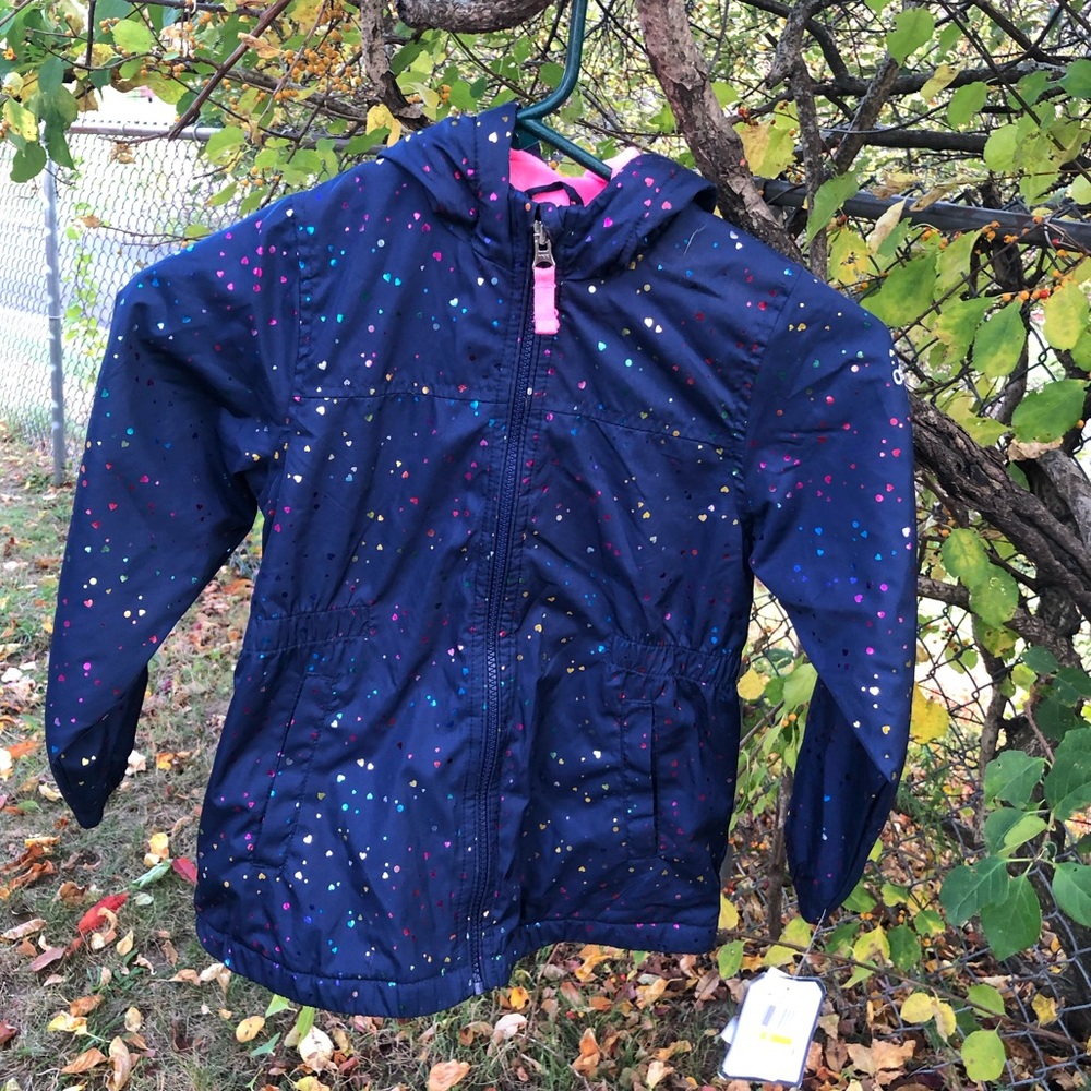 NWT Girl’s Sz 6 Navy & Metallic Hearts Fleece Lined Jacket